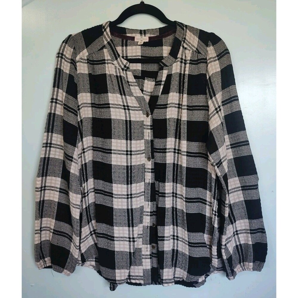 Mason And Belle Blouse For Ladies Medium Black Cream And Taupe Plaid Button Up